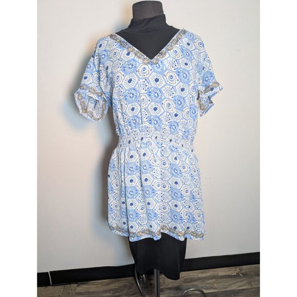 Lovers & Friends V-Neck Boho Mini Dress Blue & White Floral Print, SIze M - Picture 2 of 10